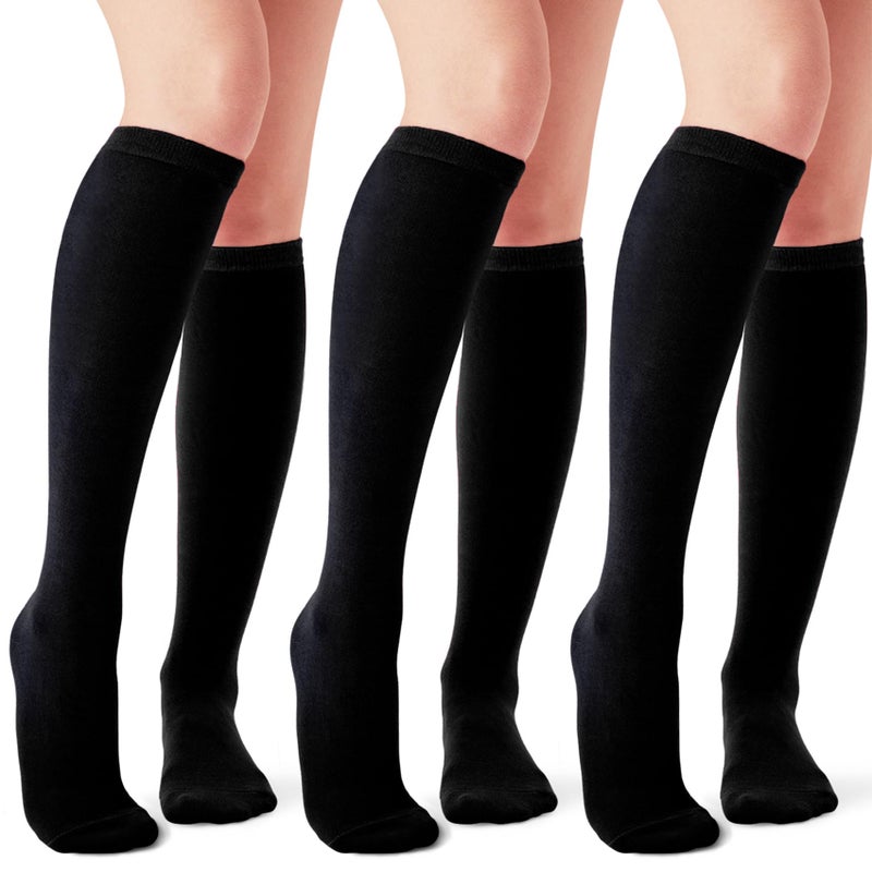 Joulli Women's Knee High Athletic Socks Stripe Calf Tube Boot Outdoor Sport Socks 3 Pairs, Black - Image 1